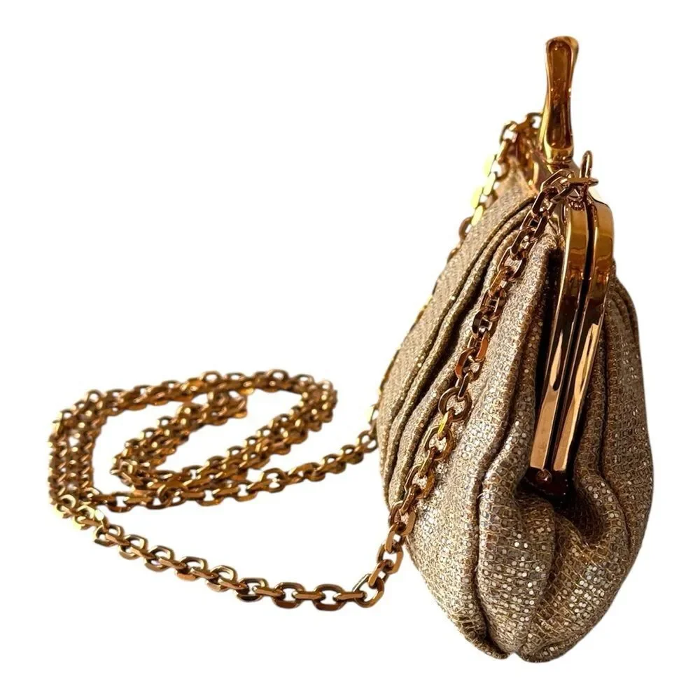 Christian Louboutin Gold Metallic Pleated Clutch Bag Sunburst Crown Frame Luxury